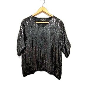 Vintage Black Sequinned Beaded Blouse Top M/L B44 80s Royal Feelings Silk